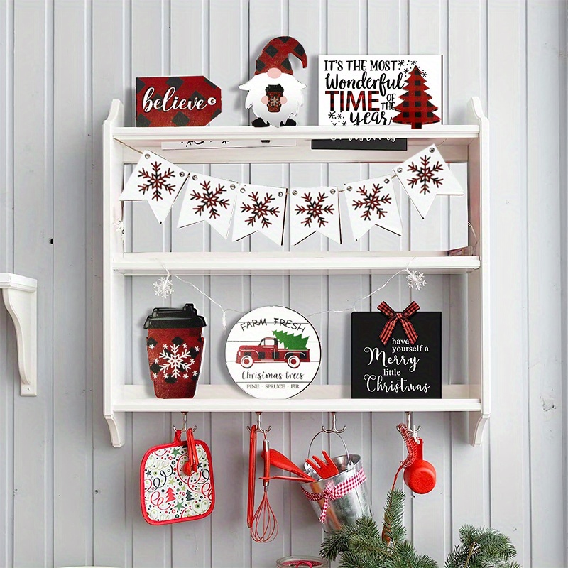 11PC Christmas Tiered Tray Decor Wooden Signs, Red Plaid Believe Christmas  Table Decor Rustic Farmhouse Christmas Decor for Home Kitchen Tabletop