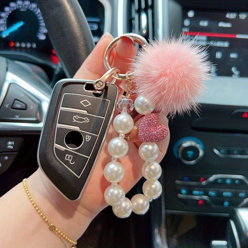 Fluffy Ball Keychain with Pearls Rhinestones Inlay Key Chain for Womens Bag  / Cellphone / Car Pendant (Light Green)