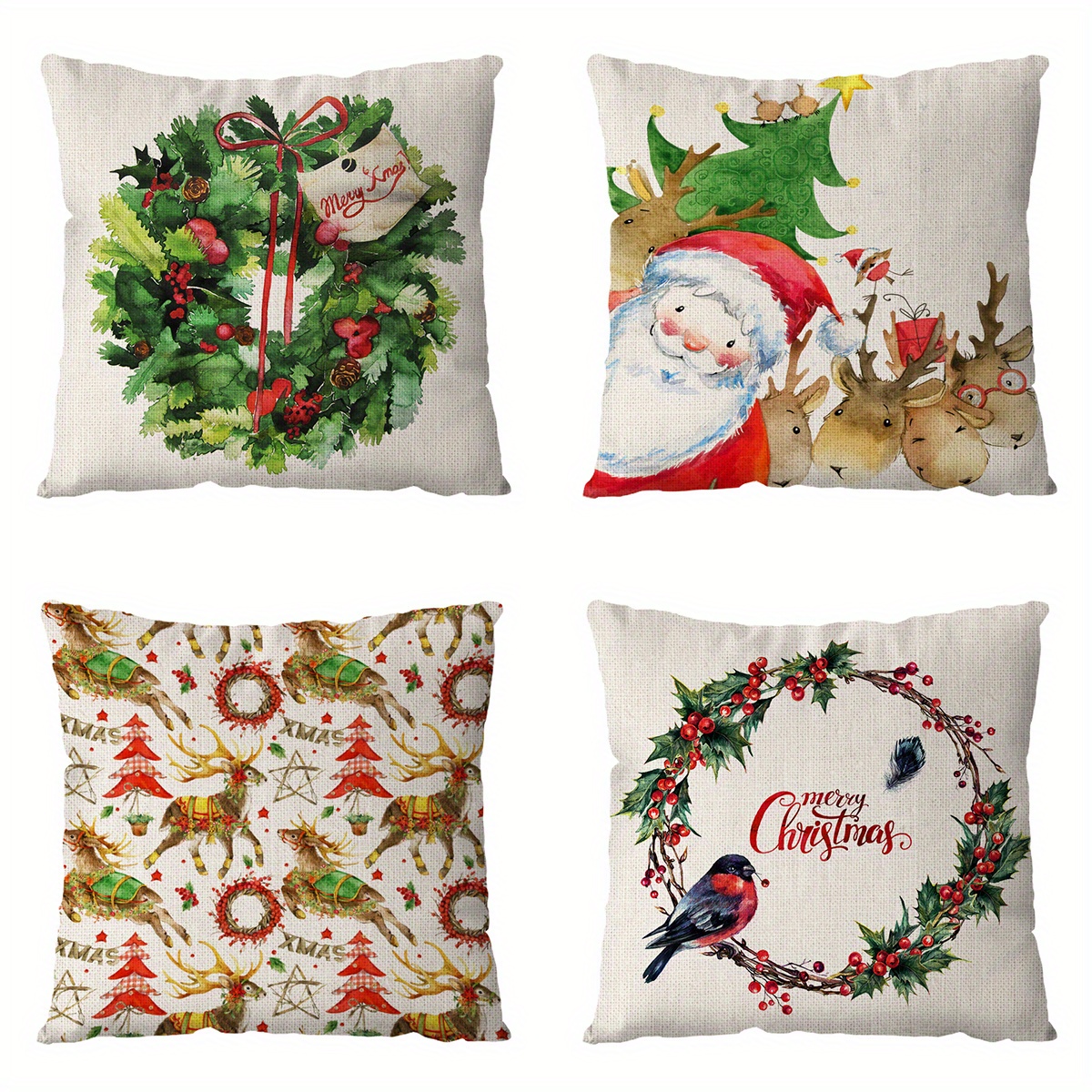 4pcs Christmas Tree Snowman Elk Santa Claus Geometric Plaid Pattern Printed  Polyester Fabric Throw Pillow Case, Bedroom Office Sofa Farmhouse Home Dec