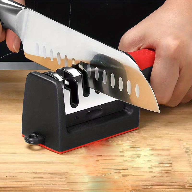 1pc Kitchen Multifunctional Three-stage Quick Sharpening Tungsten Steel Ceramic  Knife Sharpener With Three Slots In Black And Red