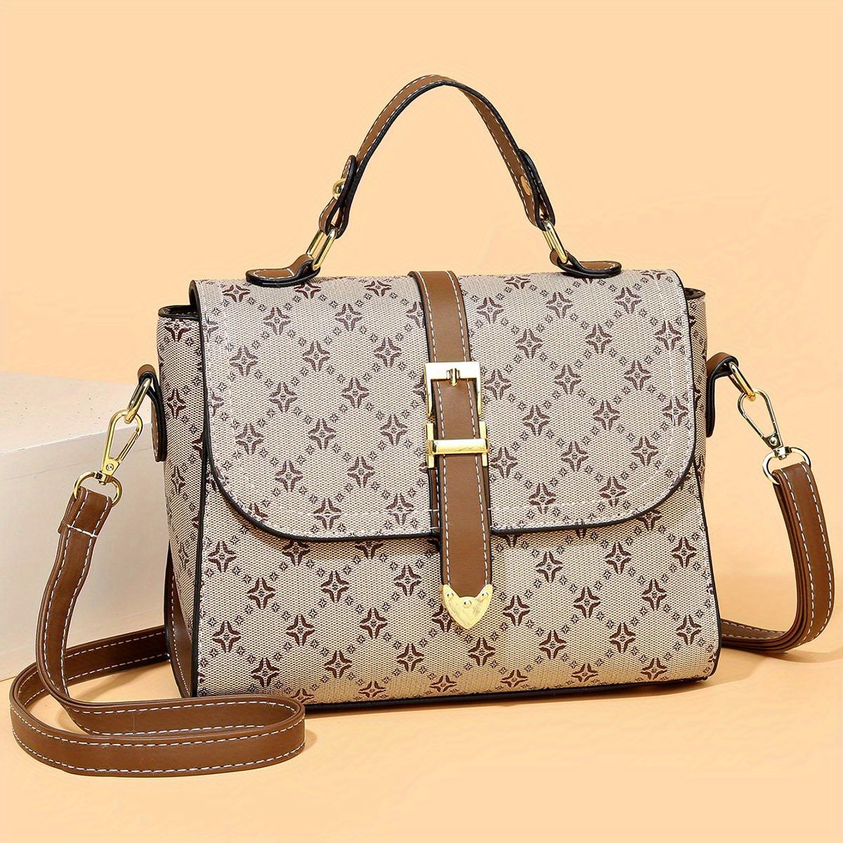 1 Pc Vintage Geometric Pattern Shoulder Bag With Zipper Side Pocket,  Suitable For Daily Use, Date, And Gift For Women