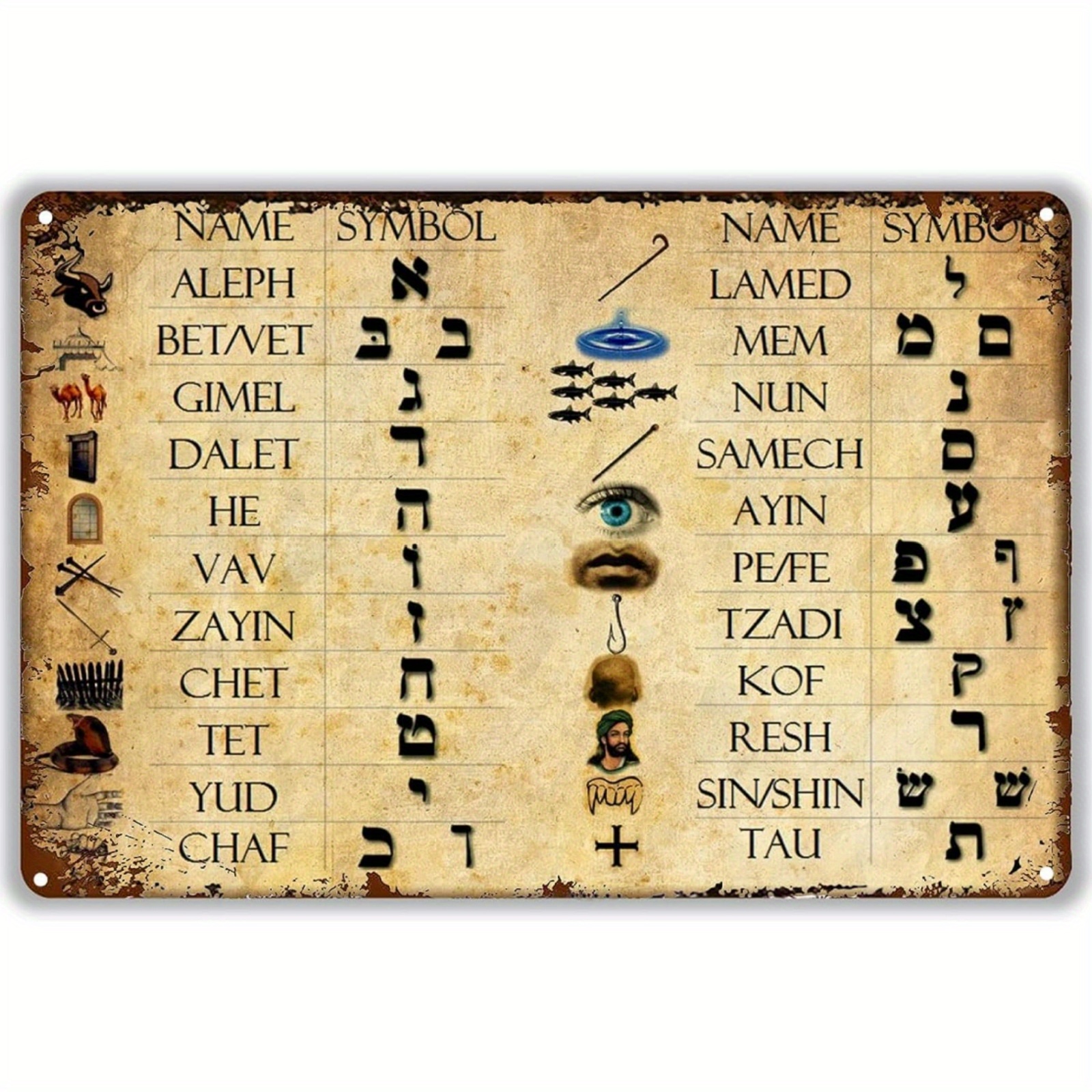 Hebrew Alphabet Vintage Metal Sign Special Symbols Jewish Temu