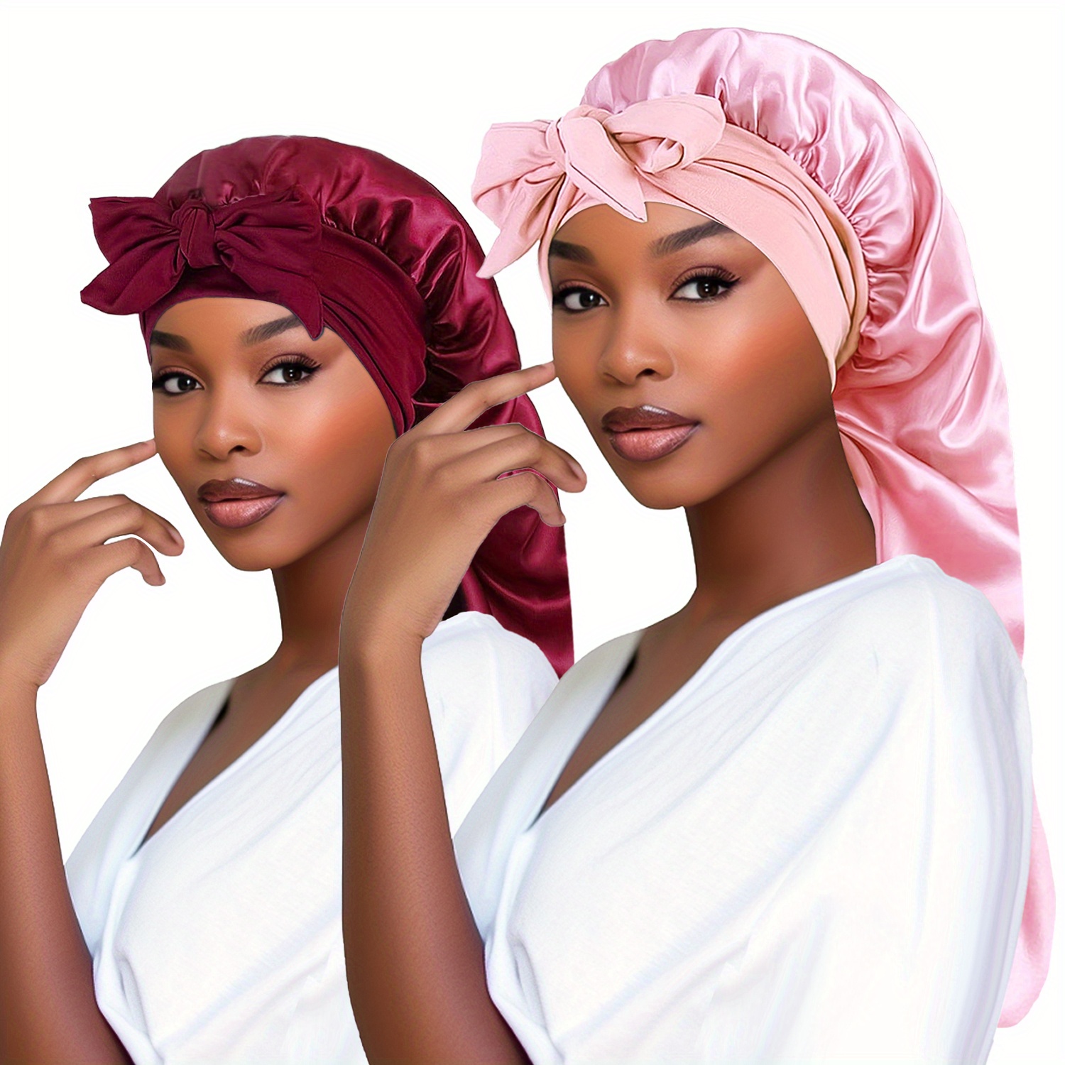 Temu 2pcs Long Satin Bonnet Silk Bonnet Hair Bonnet for Sleeping with Tie Band, Long Braids Bonnets, Reusable Adjusting Hair Care Wrap Sleep Caps for