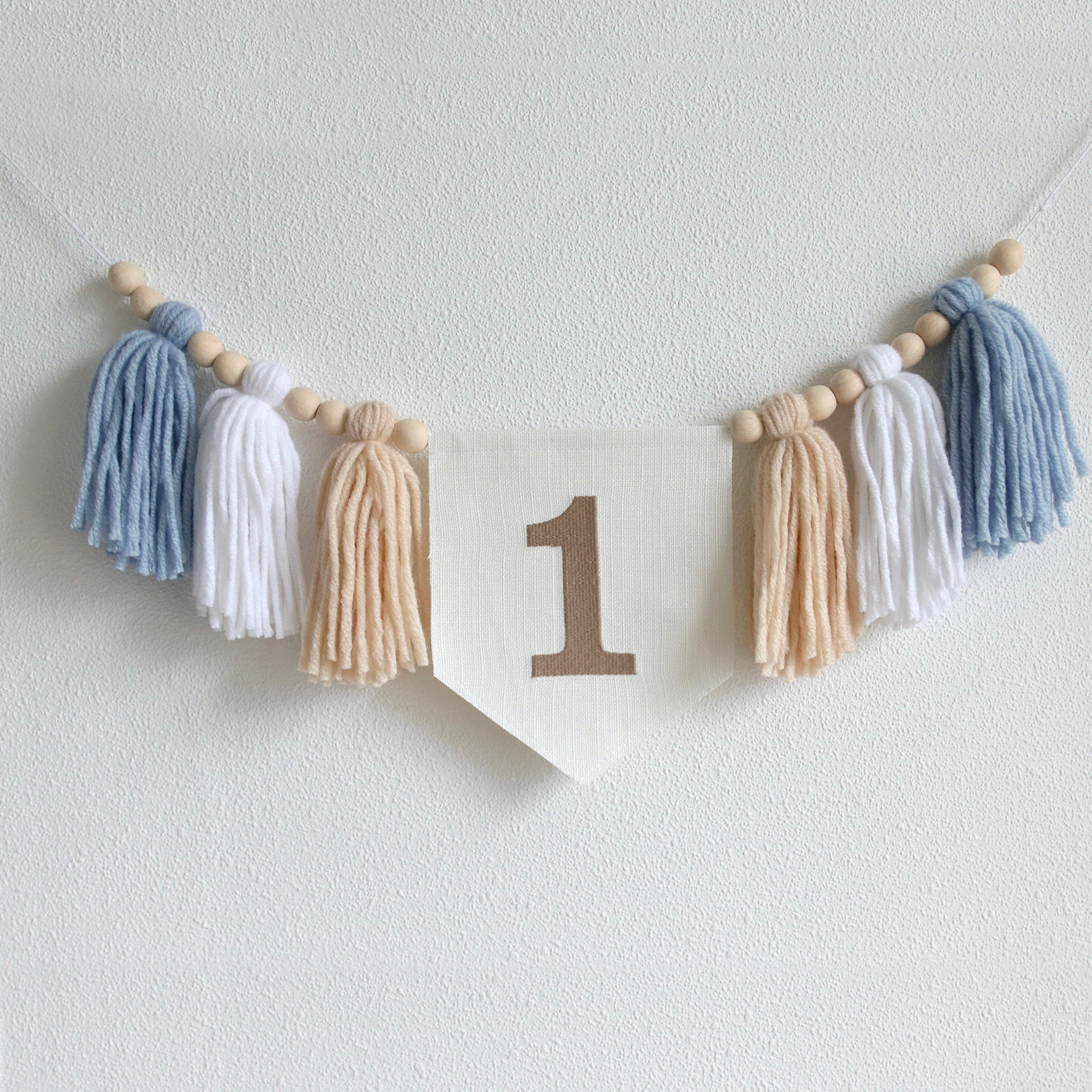 Handmade Boho Blue Khaki Highchair Tassel Garland - For 1st Boy Baby Shower Party