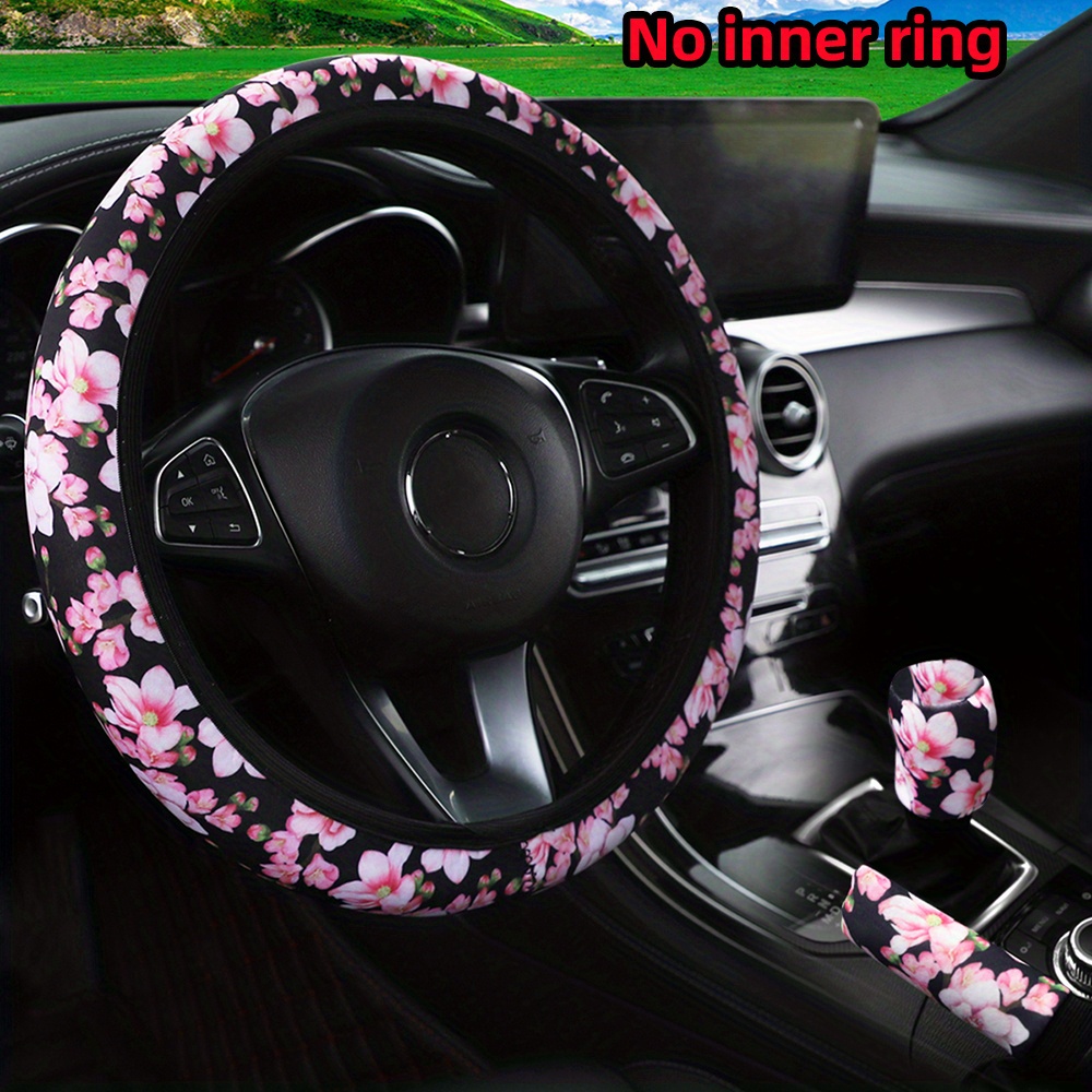 3pcs Pink Cherry Car Interior Set - Breathable Fabric, No Required, Includes Steering Wheel Cover, Grip & Gear Shift Knob Covers, Comfortable & Soft
