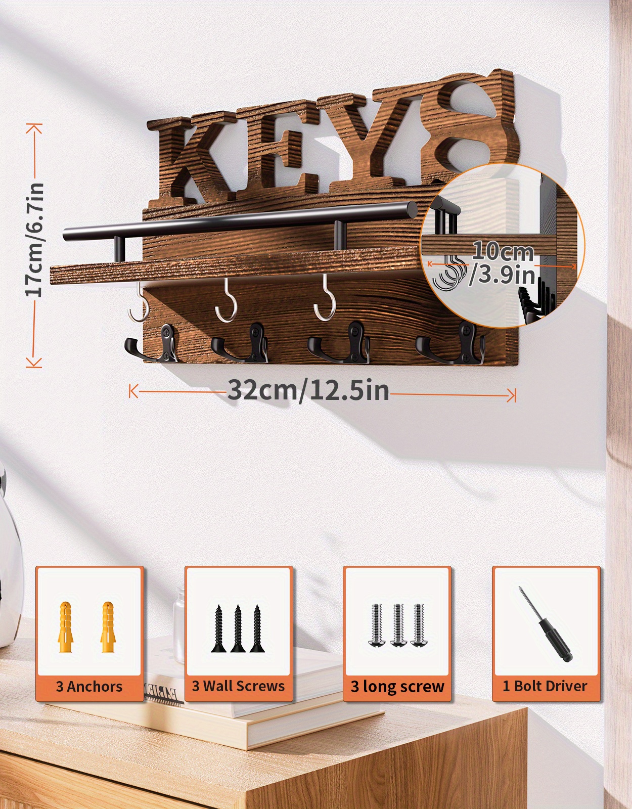 Wooden Storage Shelves With Hooks Key And Letter Organizer - Temu