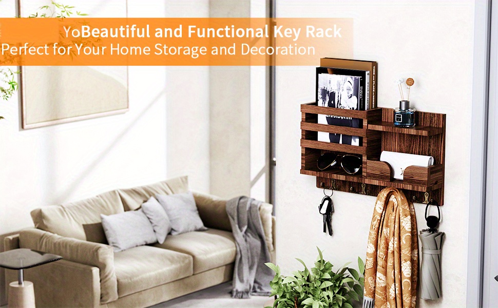 Wooden Storage Shelves With Hooks Key And Letter Organizer - Temu