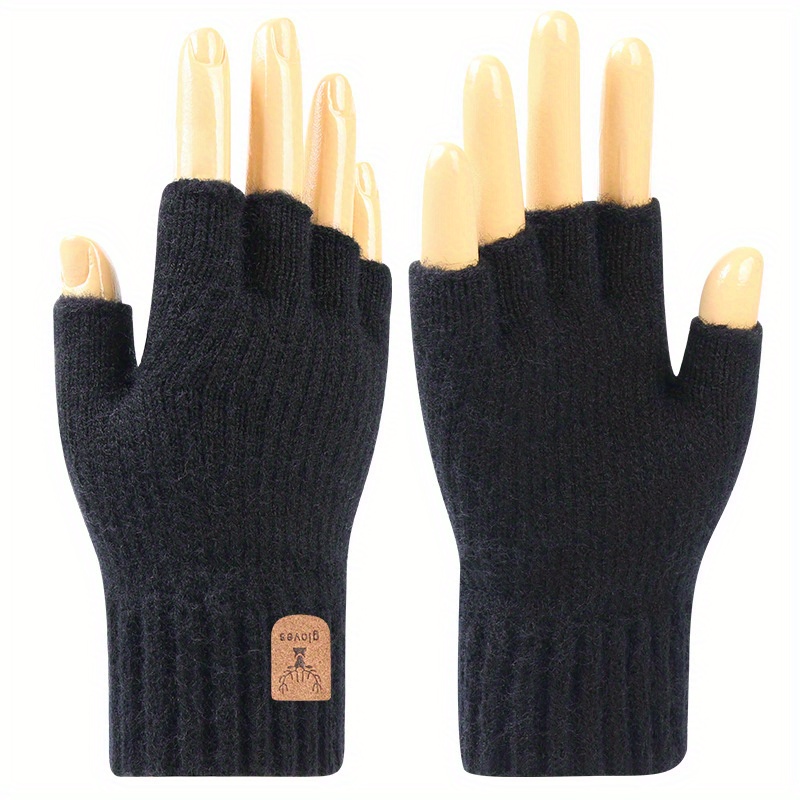 

Solid Color Cashmere Warm Gloves Short Half Finger Stretch Knitted Gloves Winter Coldproof Convenient Writing Texting Gloves