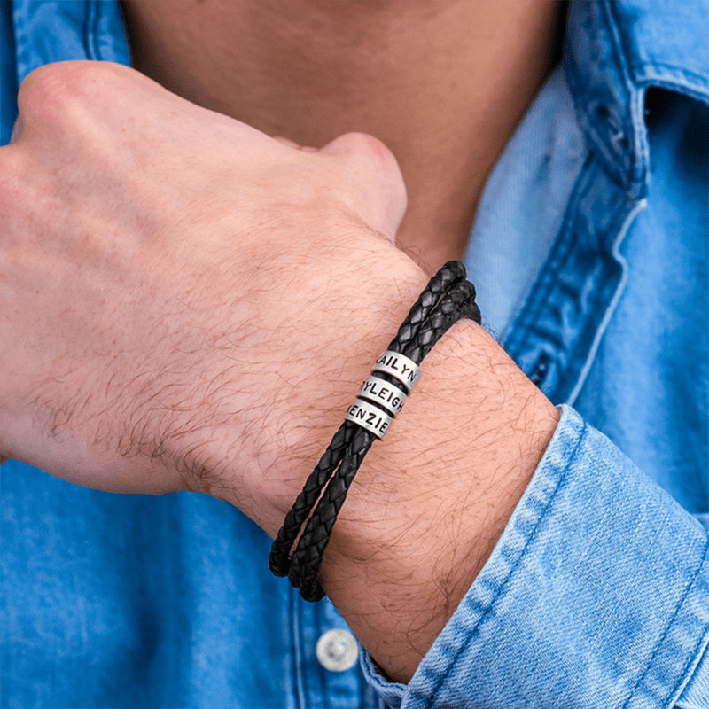 Personalized Name Bracelet for Men Black Layered Leather 