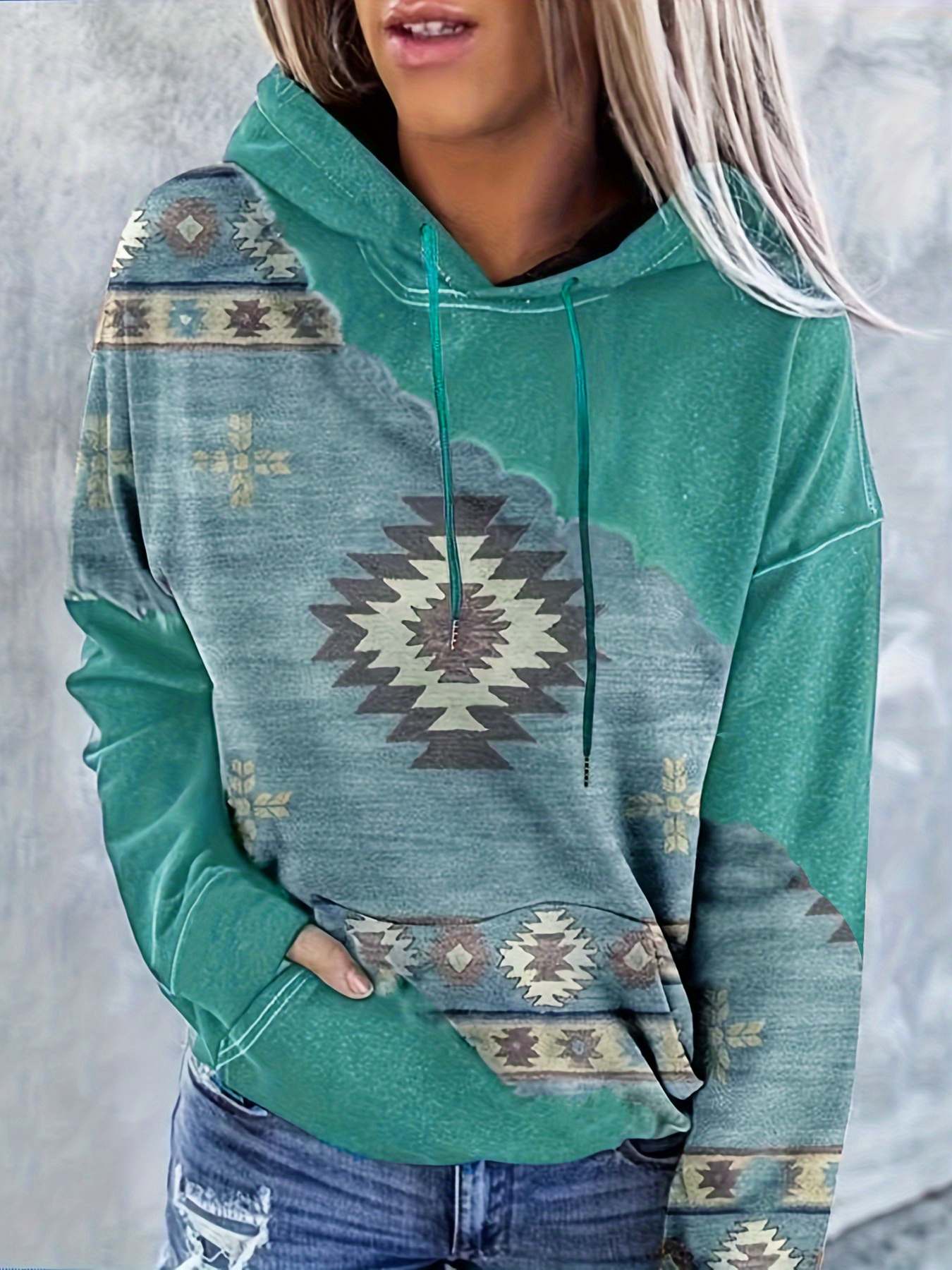 Aztec Print Kangaroo Pocket Hoodie Casual Long Sleeve Temu Australia