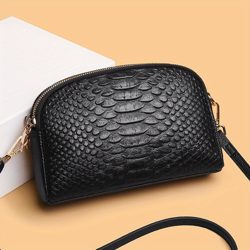 Image of Genuine Leather Women' 2024 Fashion Snake Skin Embossed Shoulder Body Bag -border Genuine Leather Shell Bag