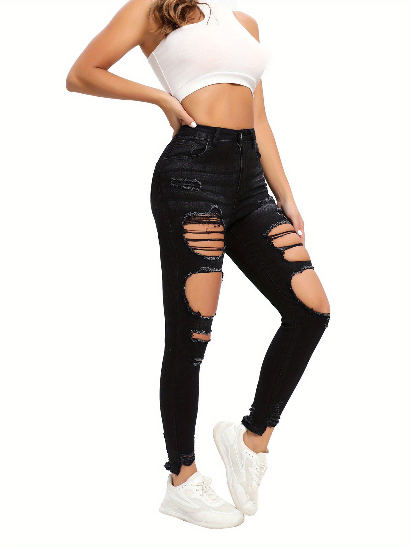 Jeans ajustados de color negro con dobladillo crudo de tiro alto,  pantalones de mezclilla desgastados de diseño liso de cintura alta  elásticos altos