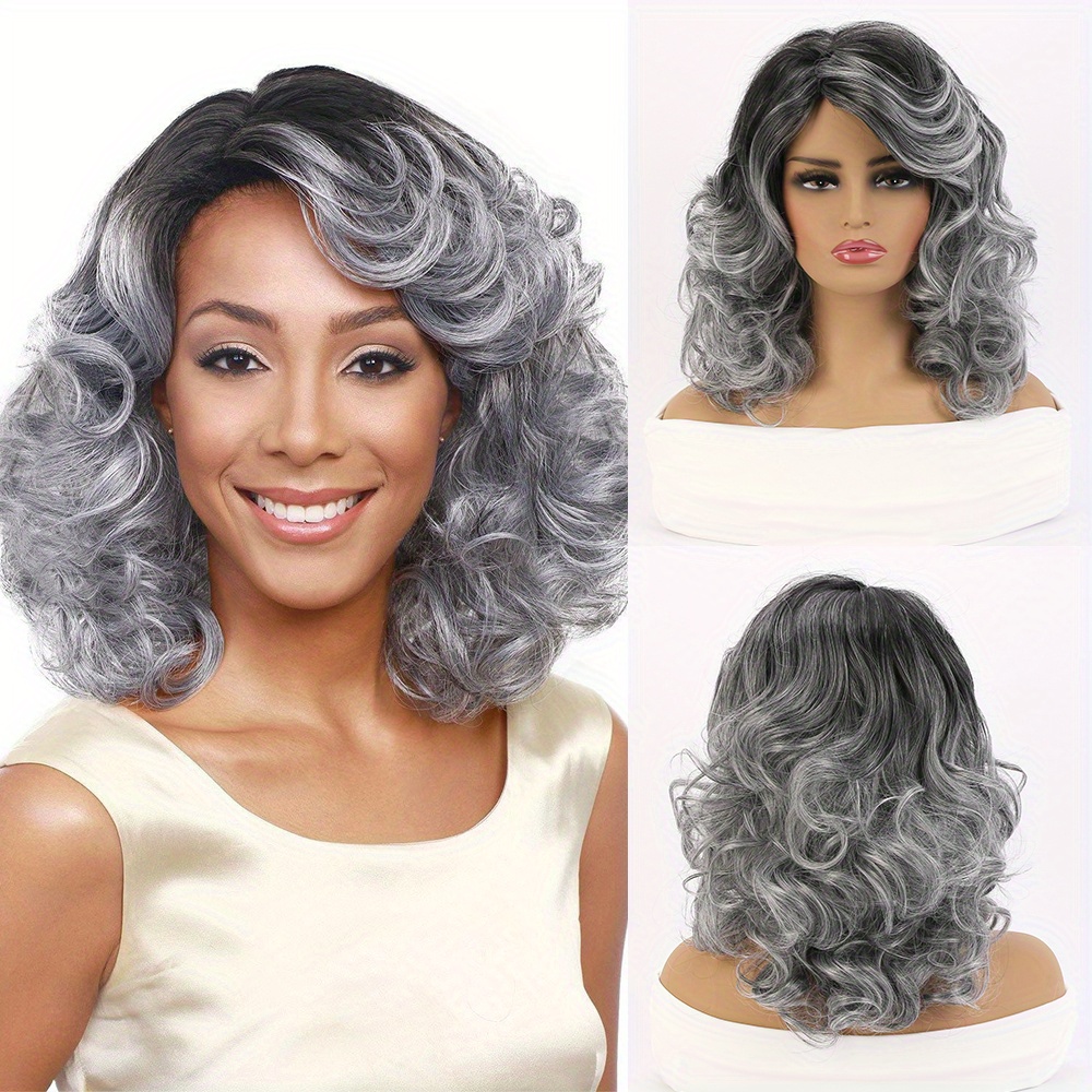 Short Curly Wigs For Women Nature Fluffy Wave Hair Shoulder Length Ombre Mixed Silver Gray Synthetic Cosplay Party Wig Daily Use Wig Color Silver Gray