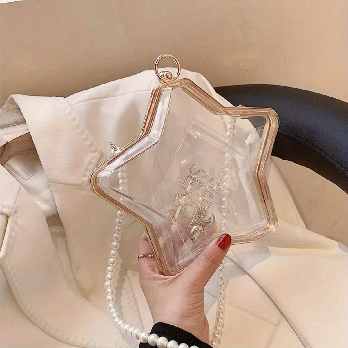 1pc Acrylic Evening Handbag With Cracked Ice Pattern, Silver Chain