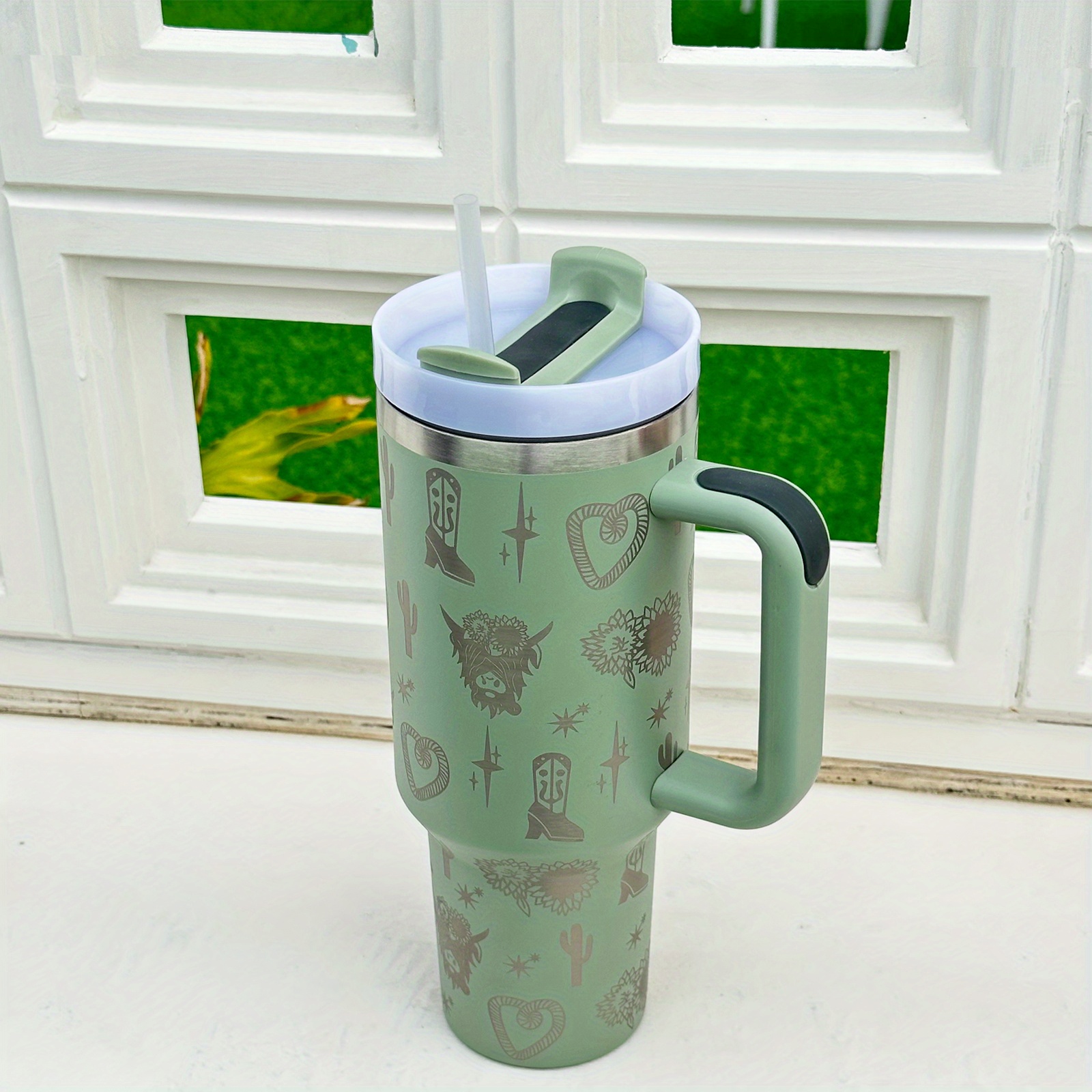 1pc Stainless Steel Tumbler With Handle, 40oz Army Green Cup For Car,  Office