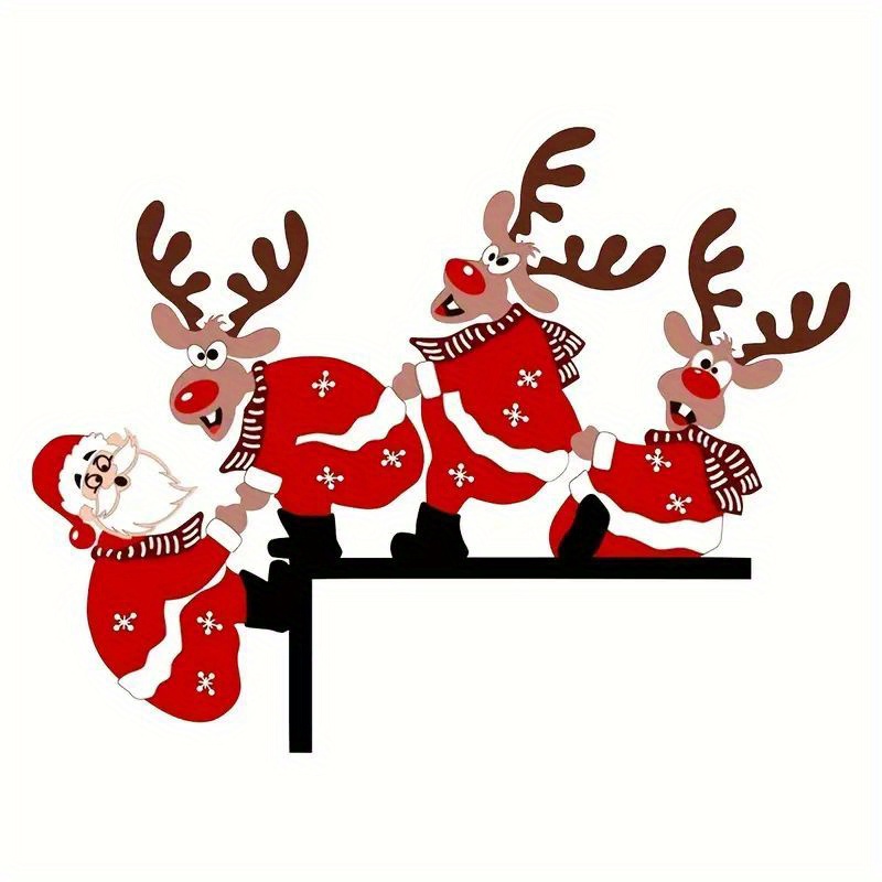 Image of 1pc Santa Claus And Reindeer Door Corner Frame Wooden Decor, Funny Wall Art, Christmas Decor, Home Decor