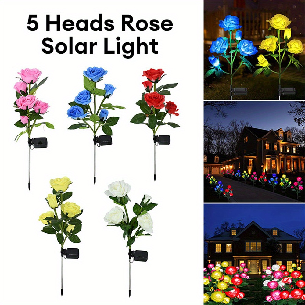 5 heads led solar rose lights simulated rose flower lamp for landscape garden home decoration christmas halloween birthday gifts valentines day decoration sports & outdoors temu details 0