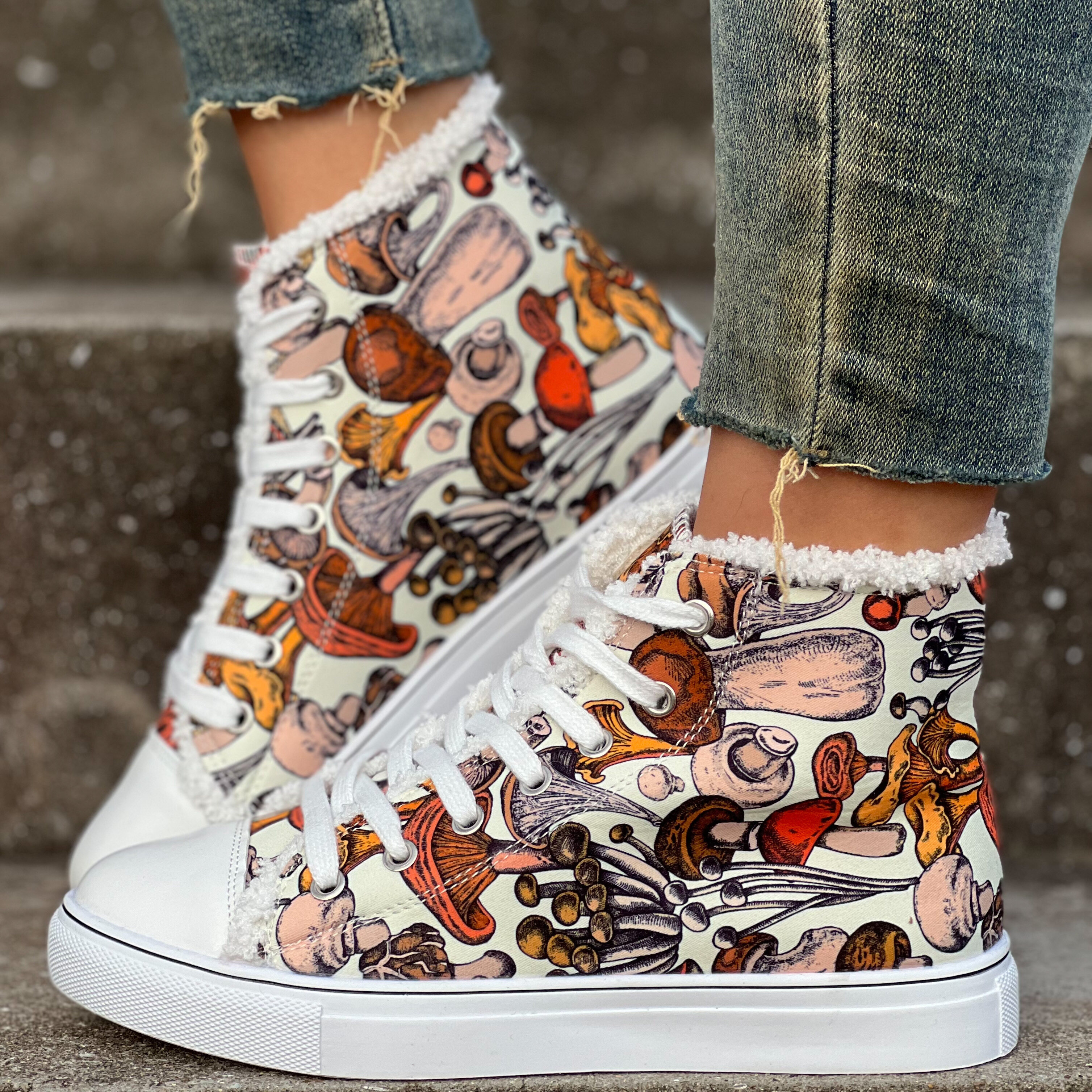 Women's Mushroom Print Canvas Shoes, Casual Lace Up High Top Sneakers,  Comfortable Outdoor Shoes