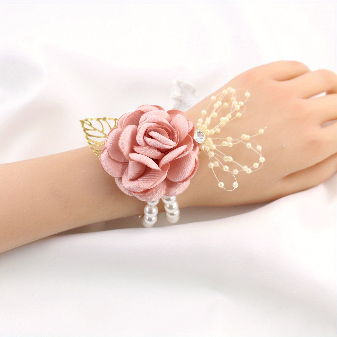 Flonding Girl Bridesmaid Wrist Corsage Bridal Silk Wrist Flower with Faux Pearl Bead Stretch Bracelet Wristband Gold Leaf for Wedding Prom Hand