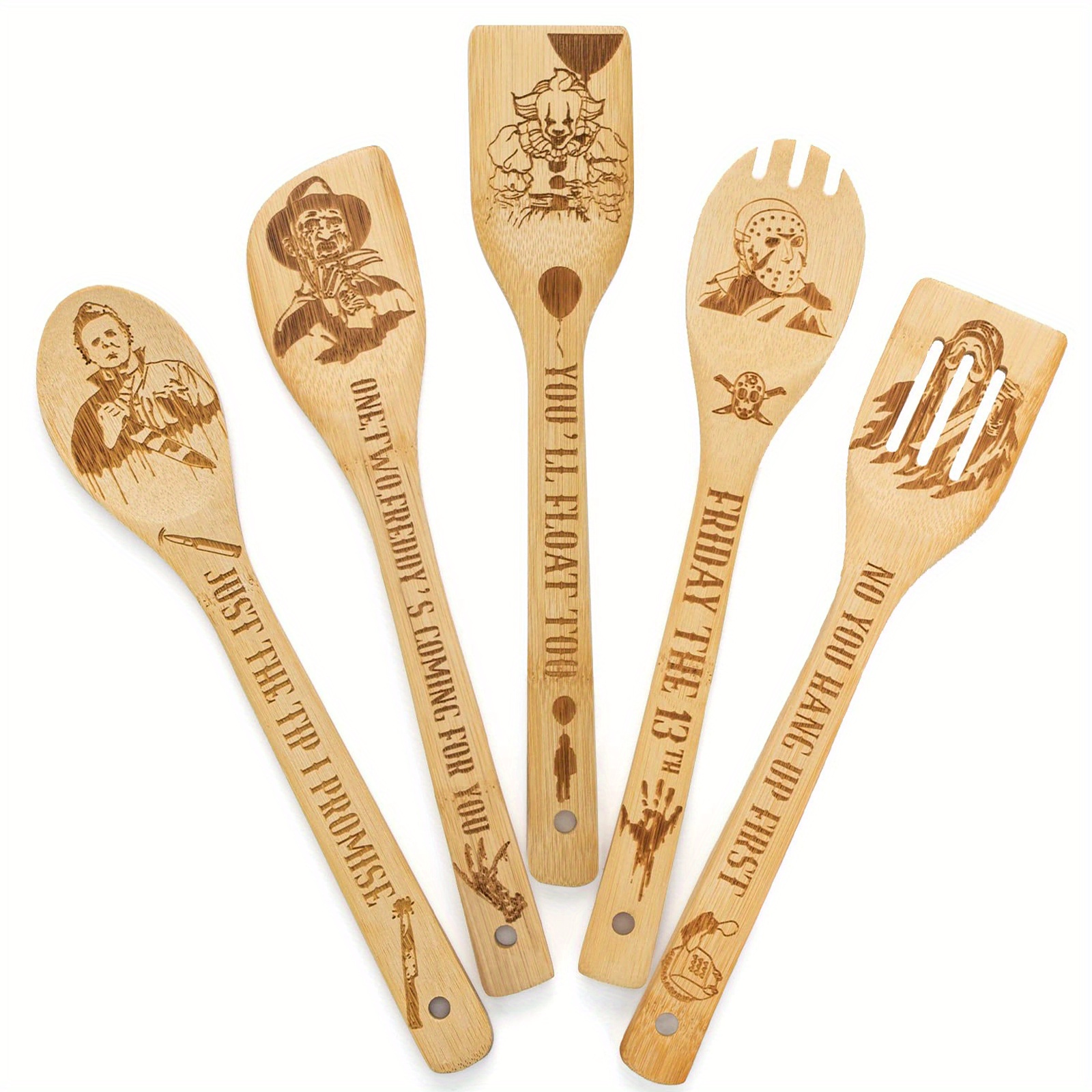 Haooryx 5PCS Halloween Wooden Bamboo Spoons Set Witch Magic Wood Burned  Spatulas with 3D Embossing Bamboo Spatulas Cooking Spoon for Halloween  Party