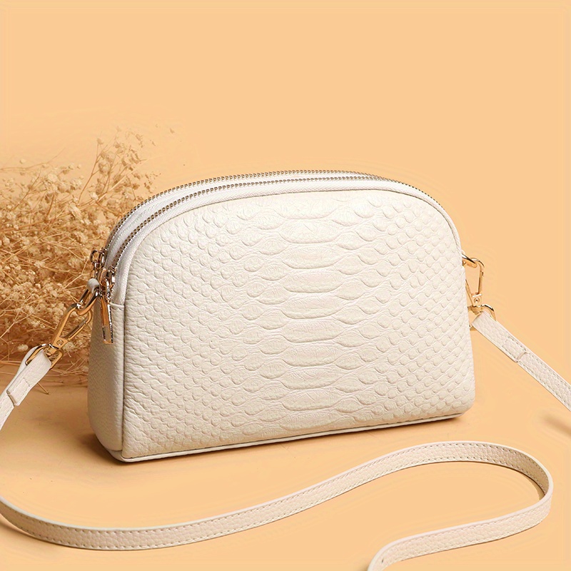 

2024 Fashion Snake Embossed Shoulder Crossbody Bag, Genuine Leather Shell Bag With Zipper Closure, Polyester Lining, Paint, Black/beige/khaki Color Options