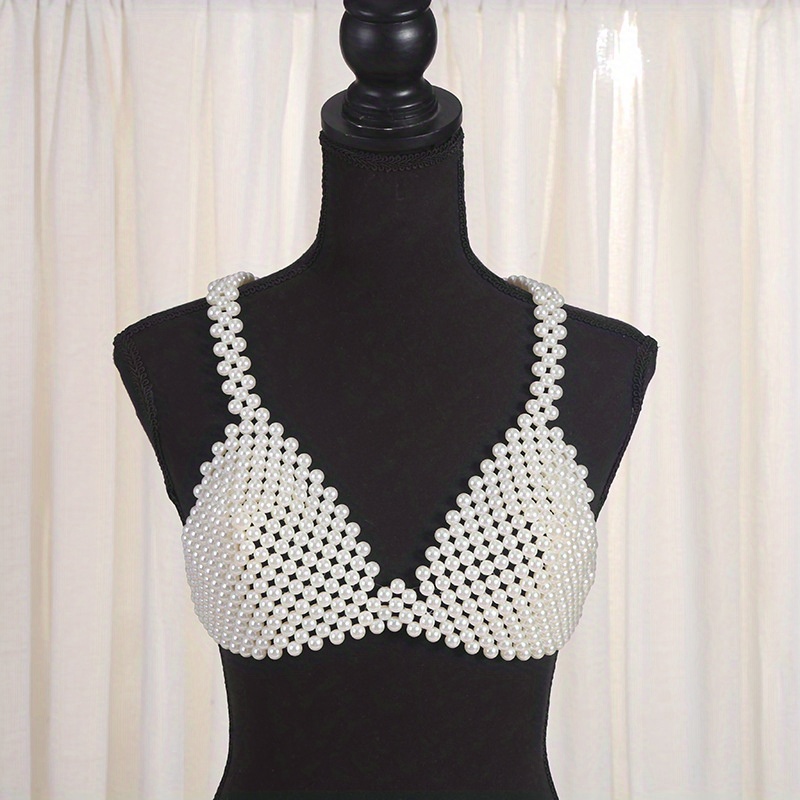 1pc Women's Beaded Chest Body Chain, Handmade Faux Pearl Bralette Camisole  Vest