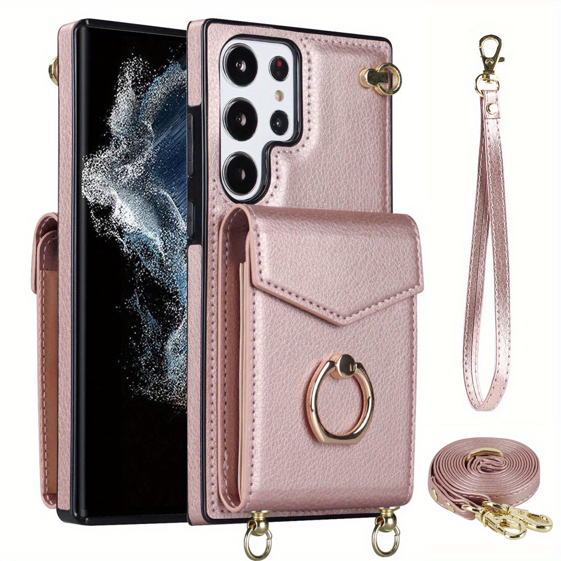 Luxury Leather Phone Case For Galaxy S23 Ultra S22 Ultra Note 20 Ultra  Fashion Slot With Holder Lanyard Ring Wallet Card Bag Protect Cover - Temu