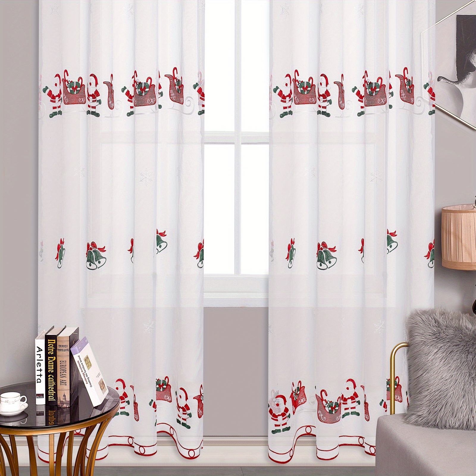 TEMU 1pc Santa Claus Embroidered Sheer Curtain - White, Bedroom, Office, Living Room & Study Decor