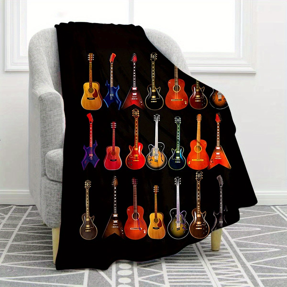 TEMU Cozy Guitar-themed Flannel Throw Blanket - Soft, Warm & For Couch, Bed, Office, And Travel - Machine Washable