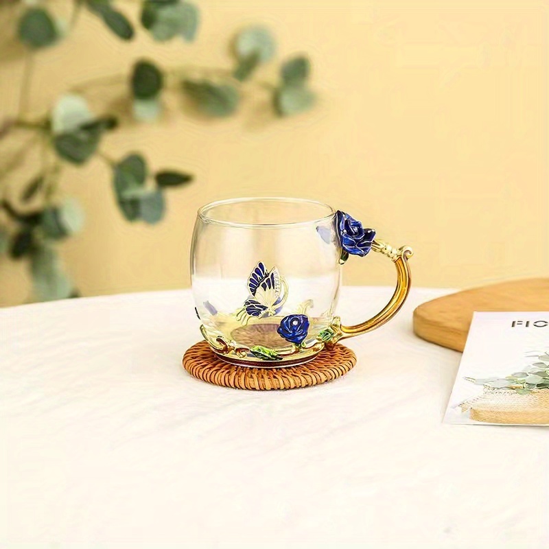 Rose Enamel Crystal Tea Cup With Spoon Elegant Clear Glass - Temu