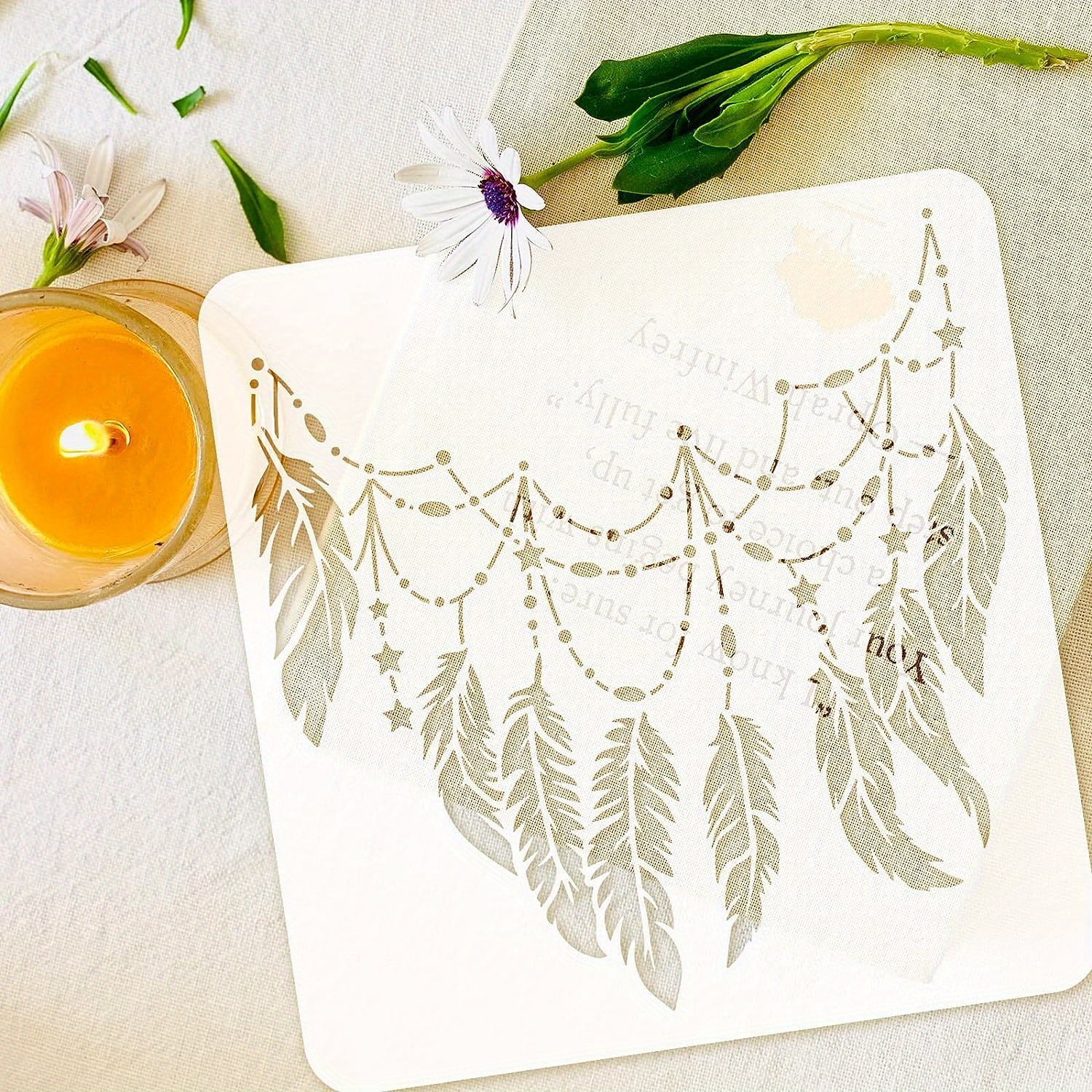 TEMU 1pc Feathers And Stars Painting Stencil 11.8x11.8inch Reusable Feather Pendant Stencil Pet Hollow Out Template Craft For Painting On Wood,
