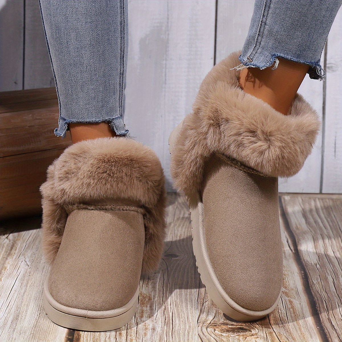 womens faux fur lined snow boots thermal slip on fluffy furry ankle boots winter warm outdoor flat shoes details 2