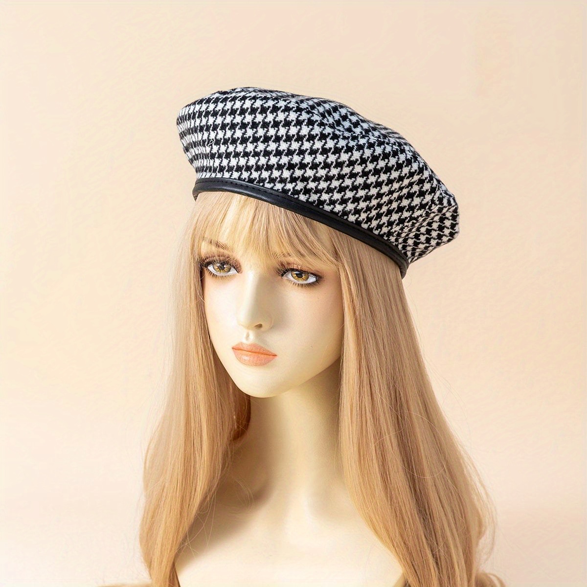 Style Black And White Plaid Pu Rimmed Beret No Brim Flat Top Adjustable Painter's Hat