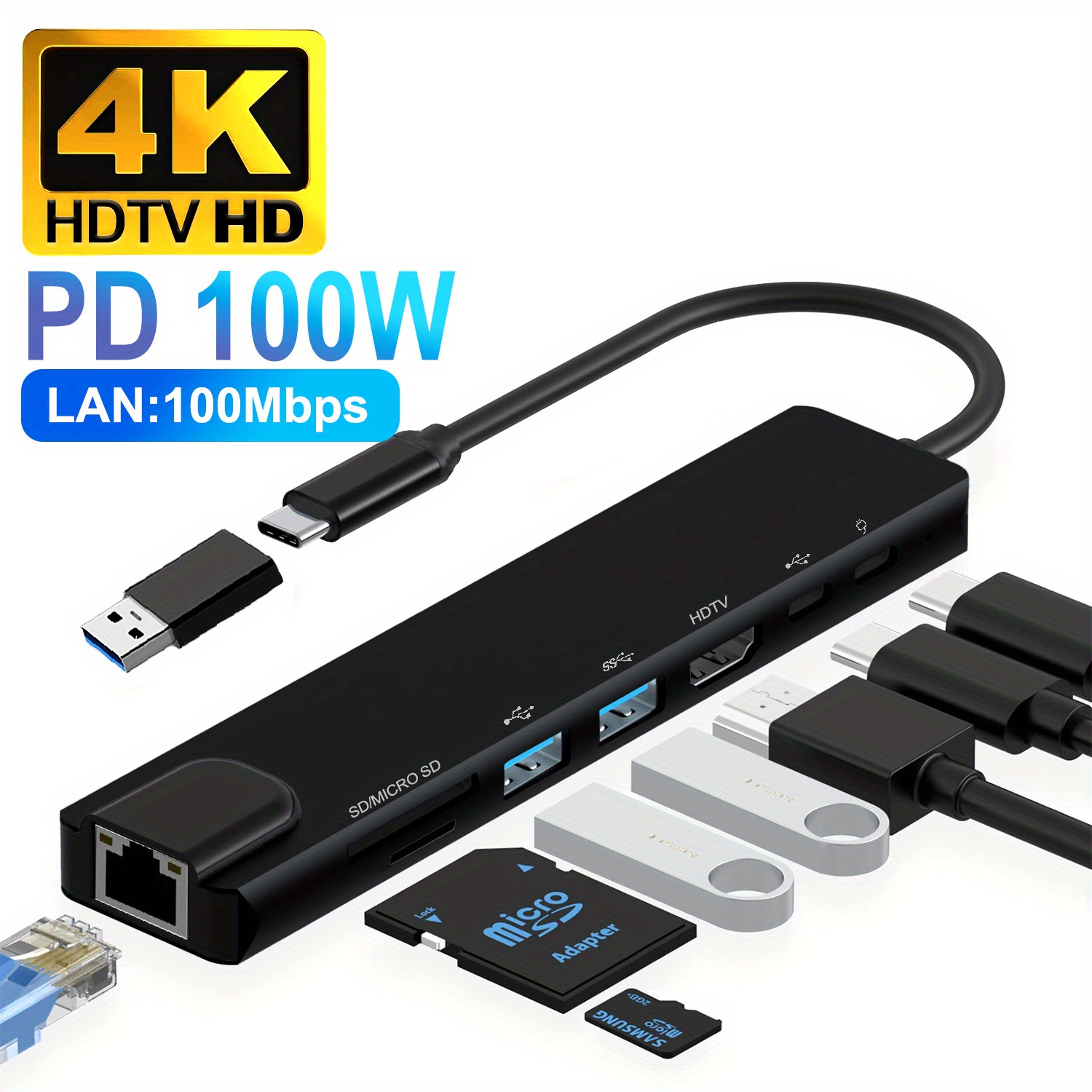 Hub USB C, ZESKRIS 7 en 1 Adaptateur USB C vers USB avec Ethernet,  Alimentation PD 100 W, Type C vers HDMI 4K, 2 Ports USB 3.0, Lecteur de  Carte