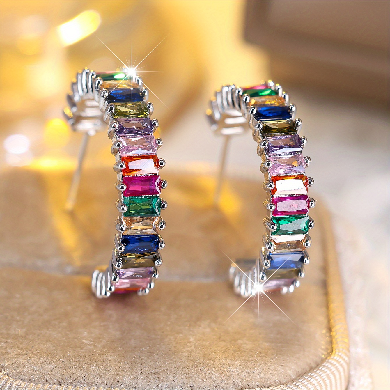 1 Pair Of Luxurious Rectangular Multicolor Synthetic Zirconia Hoop Earrings Fashion Women's Wedding Banquet Party Earrings