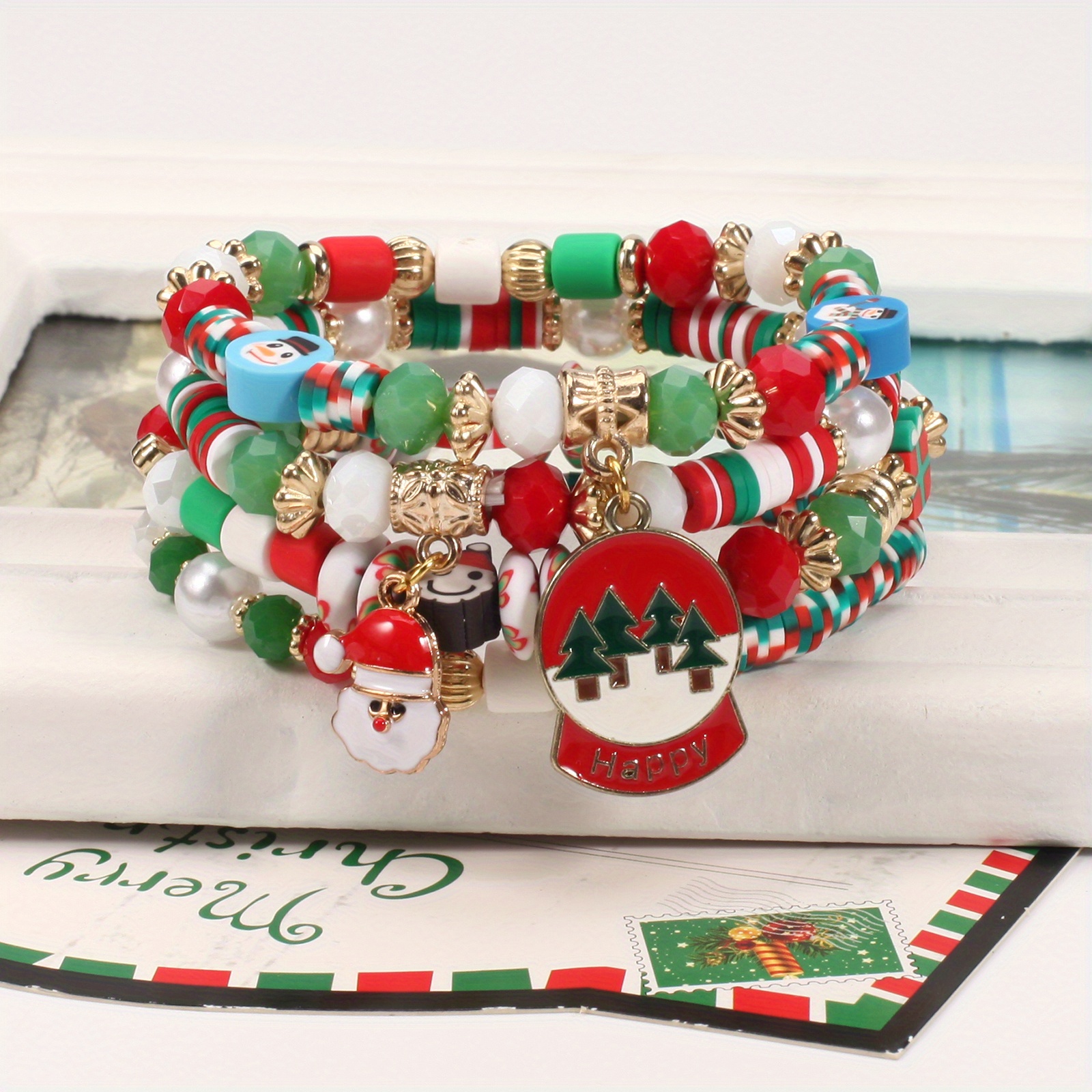 Santa Claus Pendant Beaded Bracelet Set Red Green Soft Clay - Temu