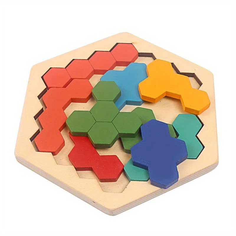 Kids Puzzle Toy Wooden Hexagon Honeycomb Colorful Shapes Jigsaw Puzzles  Clever Board Toys for Children Adults IQ Hexagon Puzzle