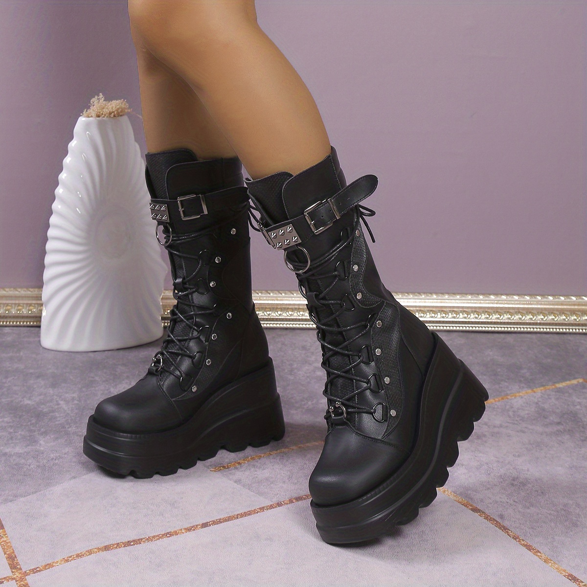 womens metal beads decor wedge heeled boots fashion lace up punk style boots stylish back zipper boots