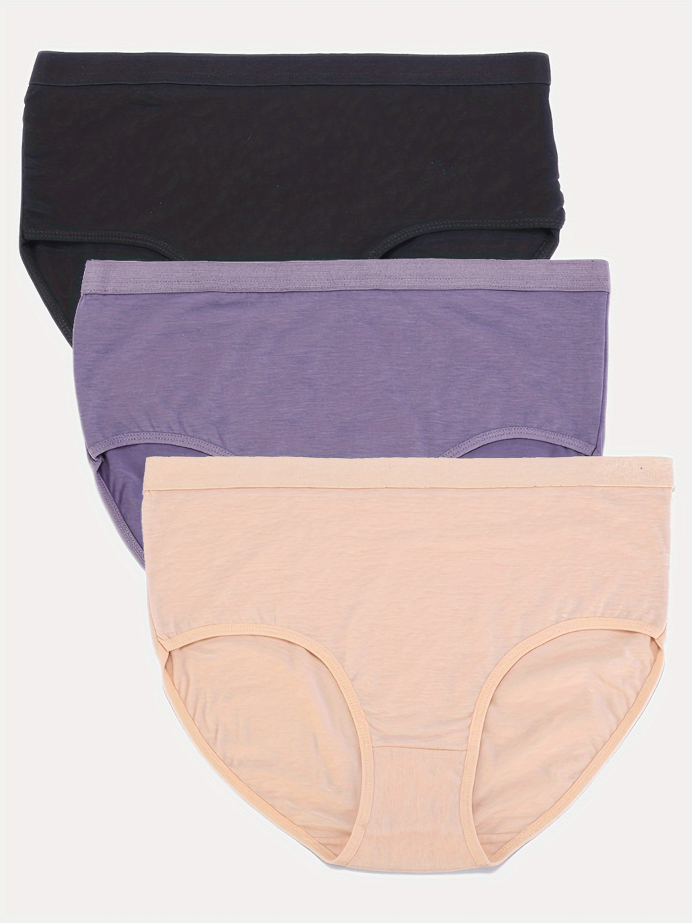 3 Pack Plus Size Basic Panties Set, Women's Plus Solid High * Breathable  Medium Stretch Underwear Three Piece Set