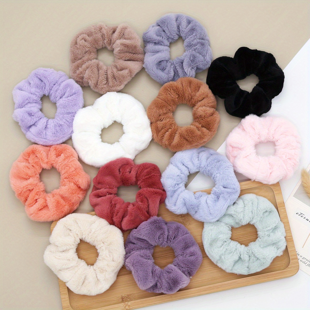 TEMU 13 Solid Color Faux Rabbit Fur Easy Large Hair Ties Suitable For Women