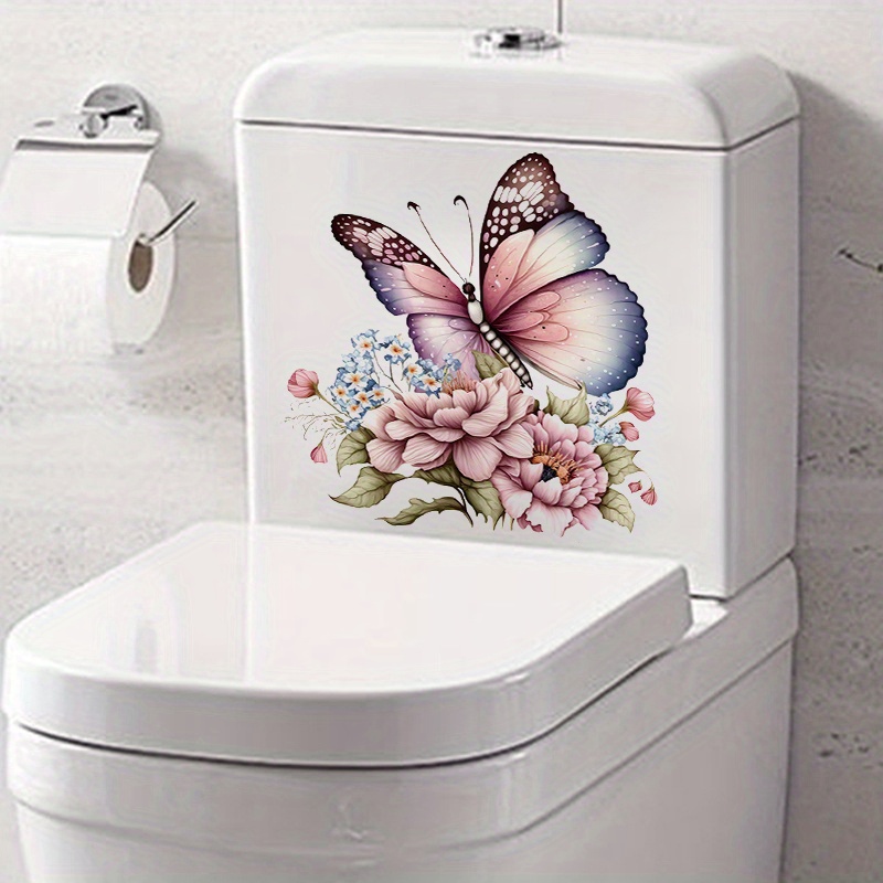 Bathroom Toilet Decal, Beautiful Flowers With Butterfly Room Decoration ...