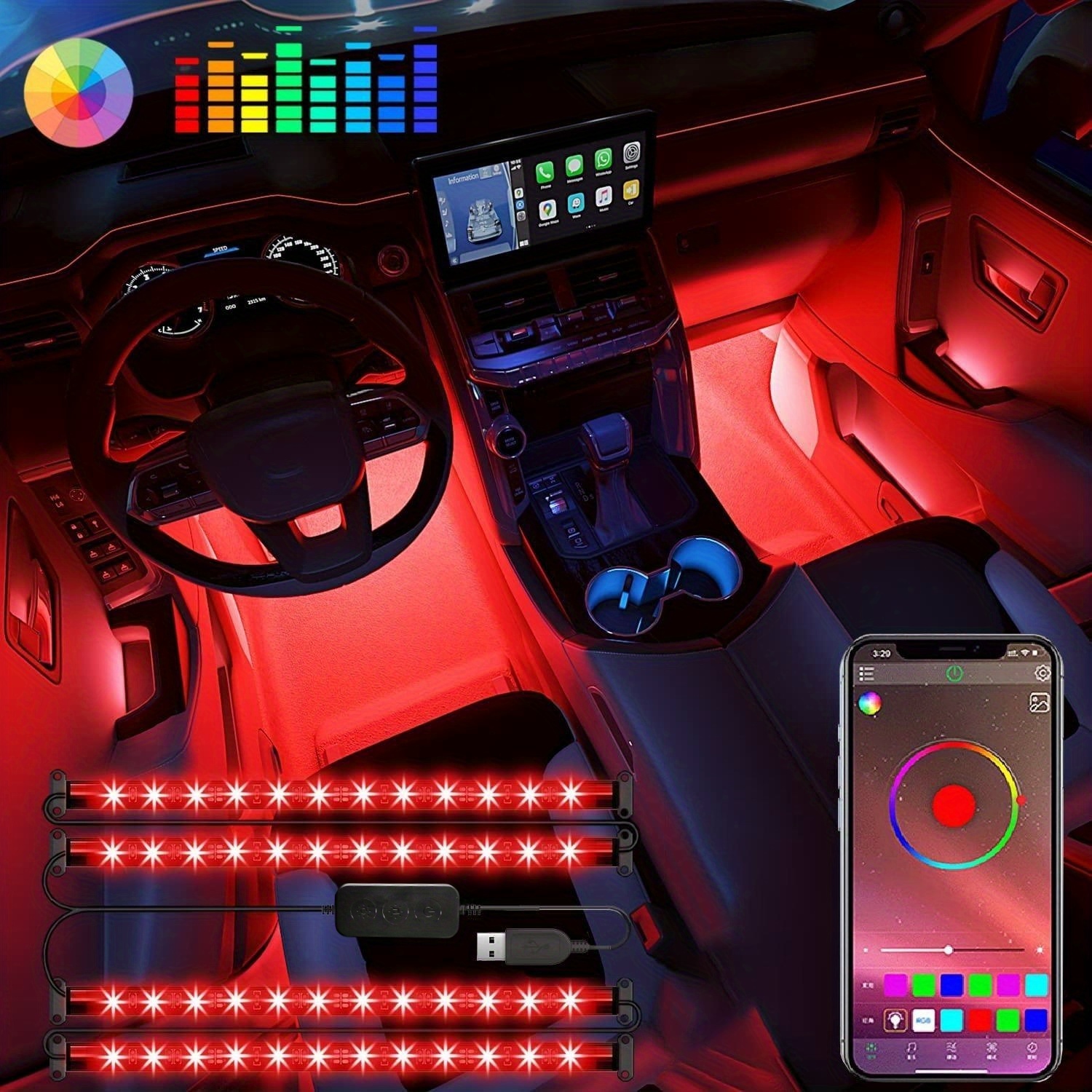 Auto-LED-Leuchten, Autozubehör, intelligente Auto-Innenbeleuchtung mit  App-Steuerung, RGB-Innenbeleuchtung mit DIY-Modus und Musikmodus, DC 12 V