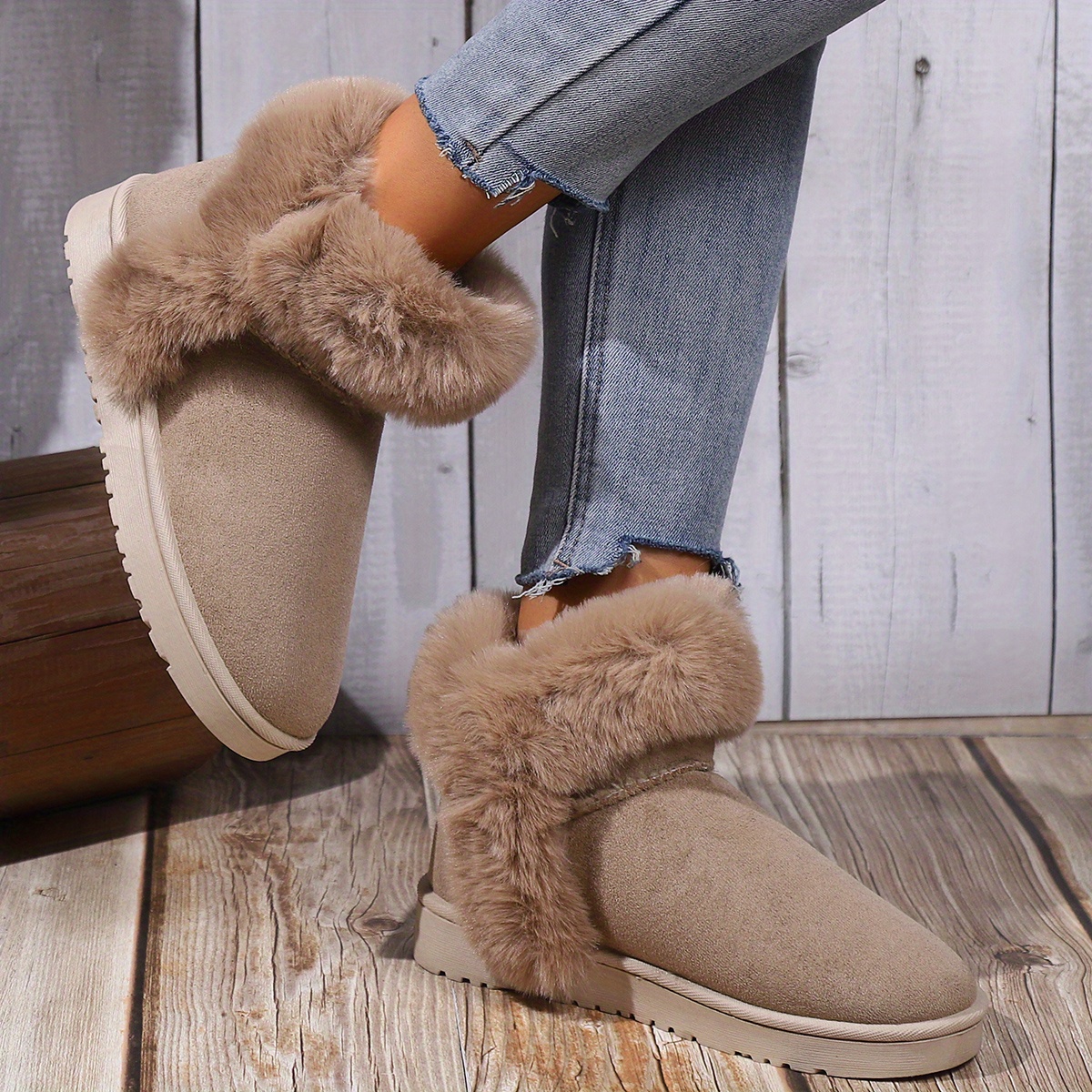 womens faux fur lined snow boots thermal slip on fluffy furry ankle boots winter warm outdoor flat shoes details 5