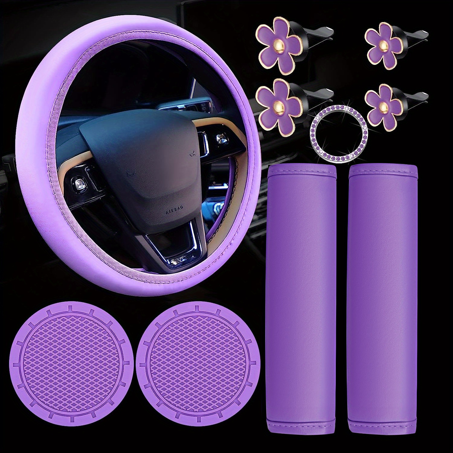Noble Purple Diamond Car Interior Accessories for Women Crystal Pendant  Leather Steering Wheel Covers Tissue Box Car Ornaments