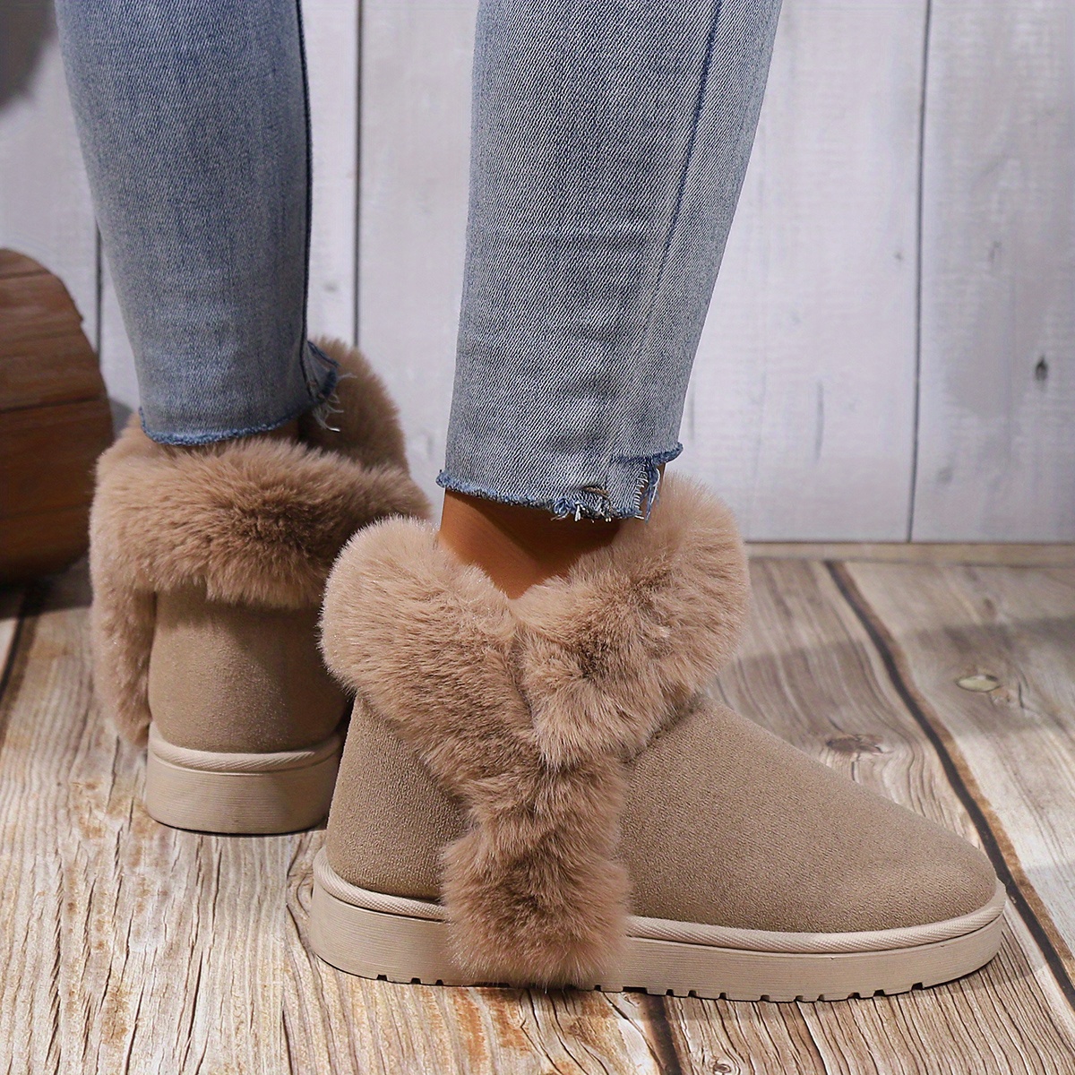 womens faux fur lined snow boots thermal slip on fluffy furry ankle boots winter warm outdoor flat shoes details 4