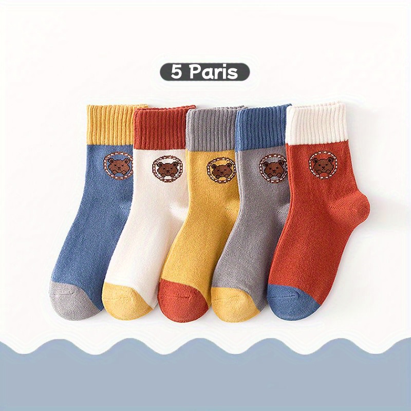 Image of 5pairs/lot Boys Kids Cartoon Bear Pattern Cute Socks, Casual Sports Socks, Comfy Thickened Warm Crew Socks For Autumn Winter, Students Socks, Children's Socks