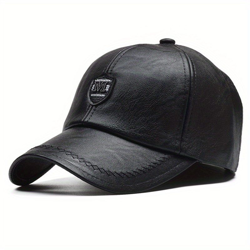 Image of 1pc Men's Fashionable And Casual Faux Leather Baseball Cap, Outdoor Adjustable Trendy Hat, Suitable For Spring And Autumn Travel, , Beach Parties, And Other Occasions