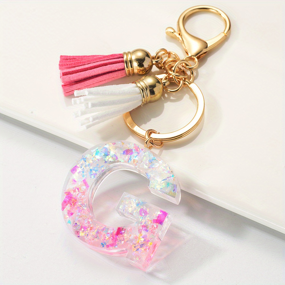 1pc Resin English Letter Shape Keychain Pendant with Tassel Bag Ornament Key Ring,Temu