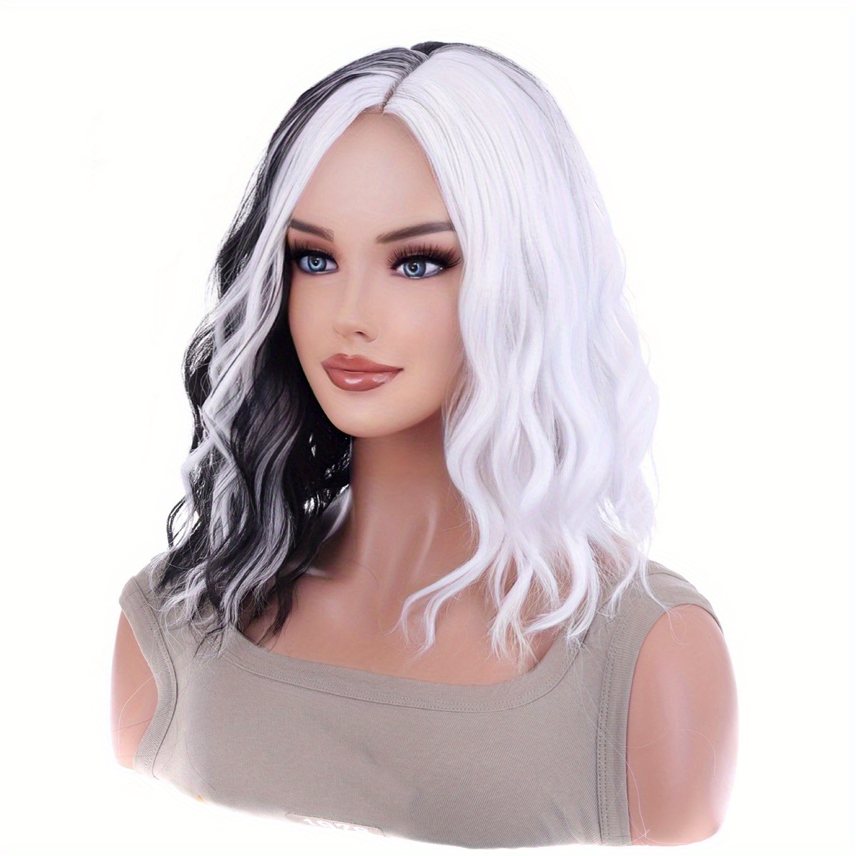 Temu Elegant Cosplay Accessories Set, Unique Color Block Black & White Short Curly Wig, Curly Human Hair Wigs Set, & Gloves & Sexy Eye Mask & Necklace 