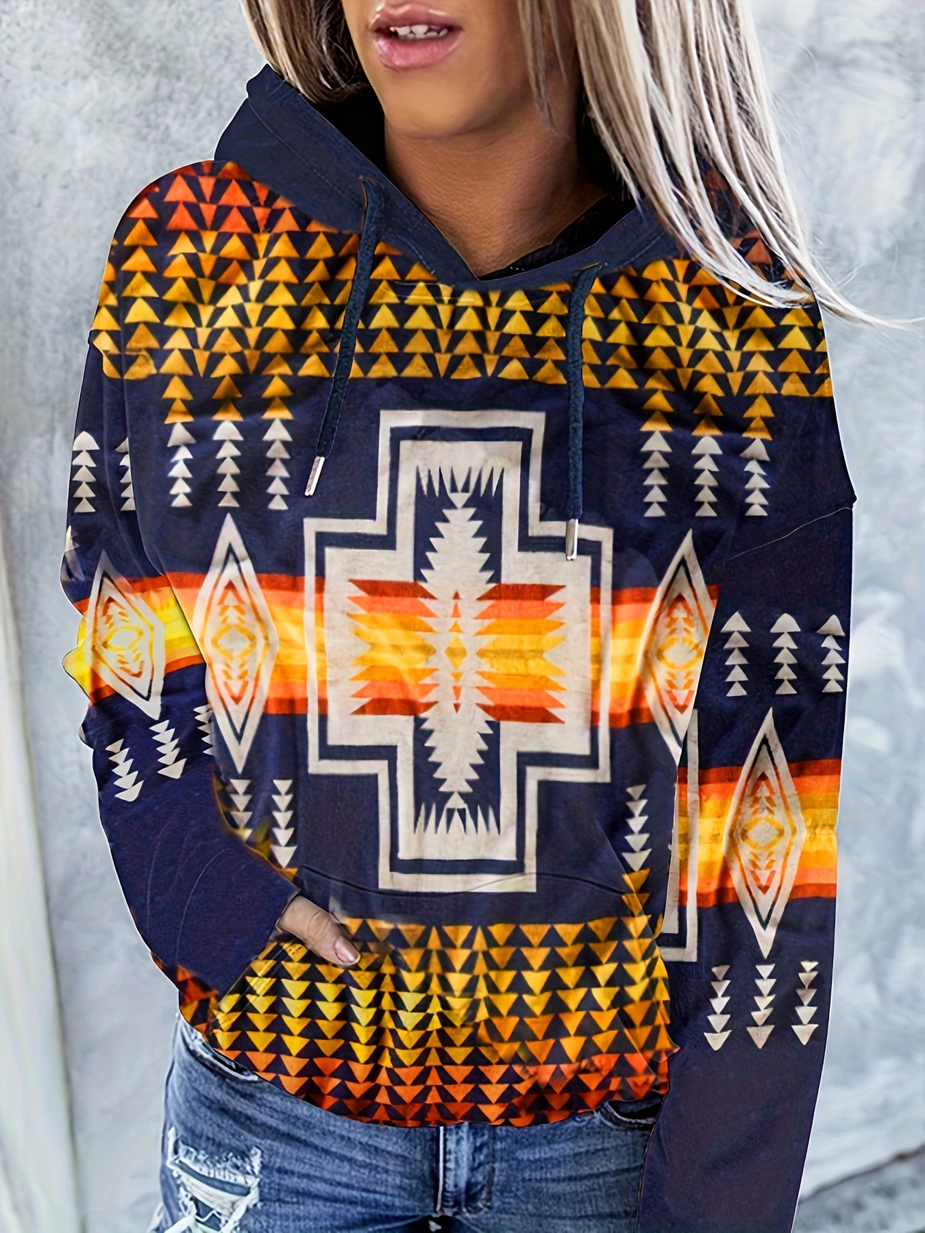 western ethnic print kangaroo pocket hoodie casual long Temu